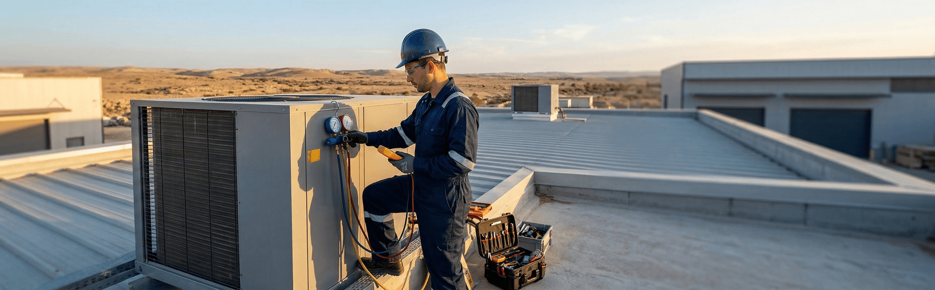 טכנאי מיזוג מקצועי מבצע תחזוקה מונעת על מערכת פקג' בגג מפעל תעשייתי בנגב